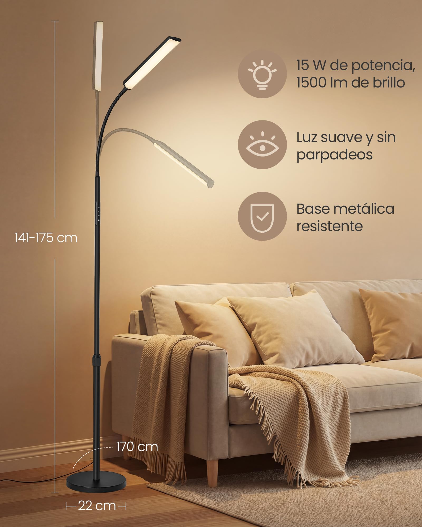 VASAGLE Lámpara de Pie, Altura Ajustable 141-175 cm, Lámpara Moderna de 15 W con Cabezal Flexible de 360°, Temporizador y Función de Memoria, Botón y Mando a Distancia, Salón, Negro Mate LFL007BD02