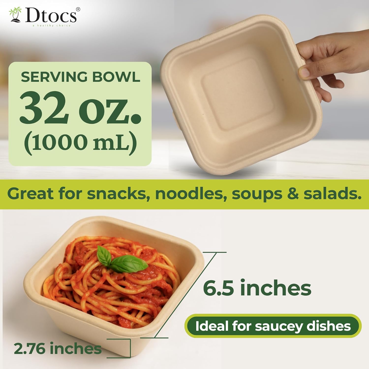 Dtocs Bamboo Fiber Disposable Bowls – 32 Oz, 50 Pk | Bamboo Square Bowl | Microwavable Bagasse Bowl like Soup, Cake, Salsa, Salad bowls | Disposable Dinnerware Sub Paper, Plastic, Styrofoam, Leaf