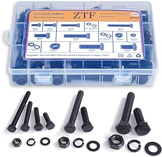 224 PCS Metric M6 M8 M10 Heavy Duty Hex Cap Bolts and Nuts Flat & Lock Washers Assortment Kit, 12.9 Grade Alloy Steel Metric Fully Thread Hexagon Allen Machine Bolt, 8 Most Common Sizes, DIN 933