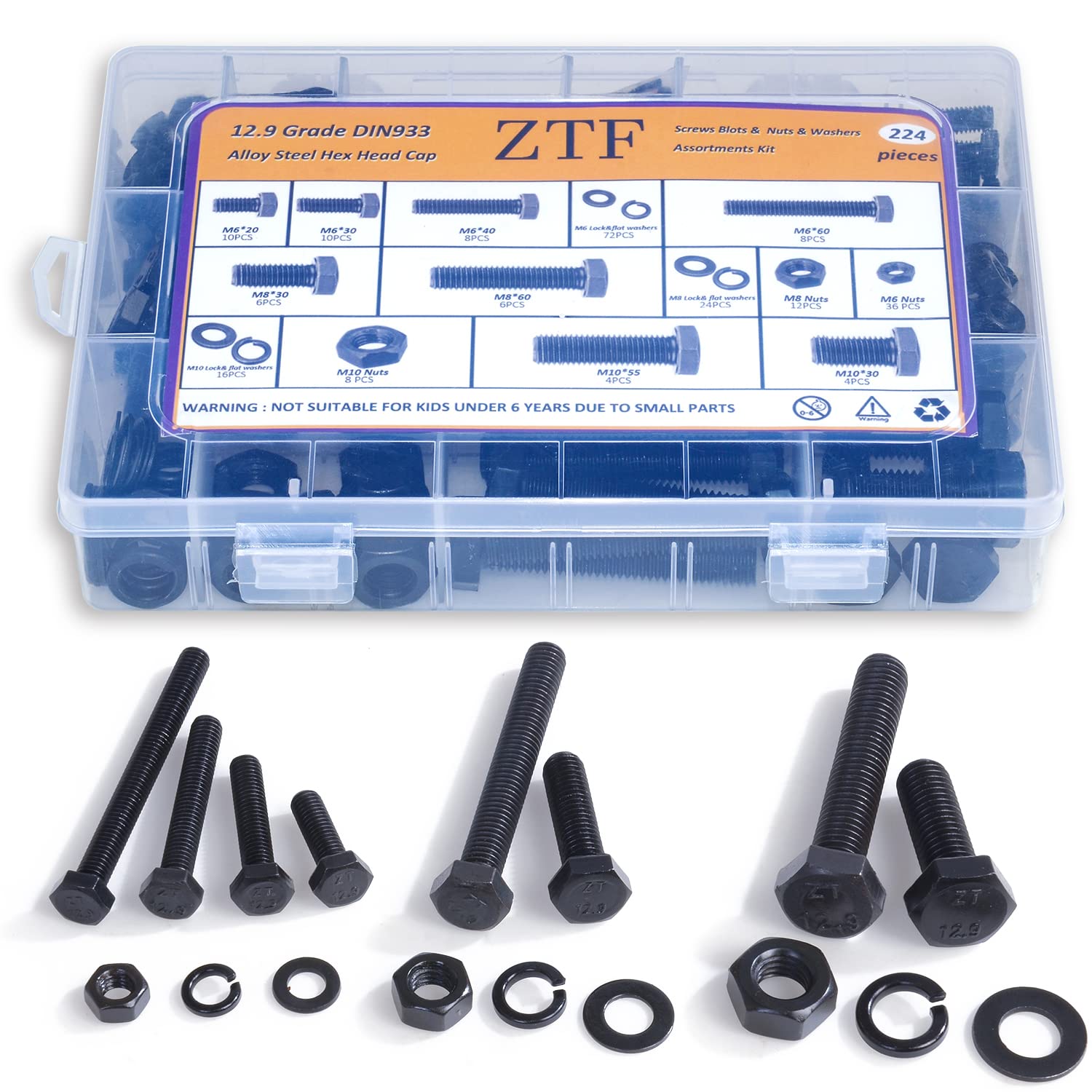 224 PCS Metric M6 M8 M10 Heavy Duty Hex Cap Bolts and Nuts Flat & Lock