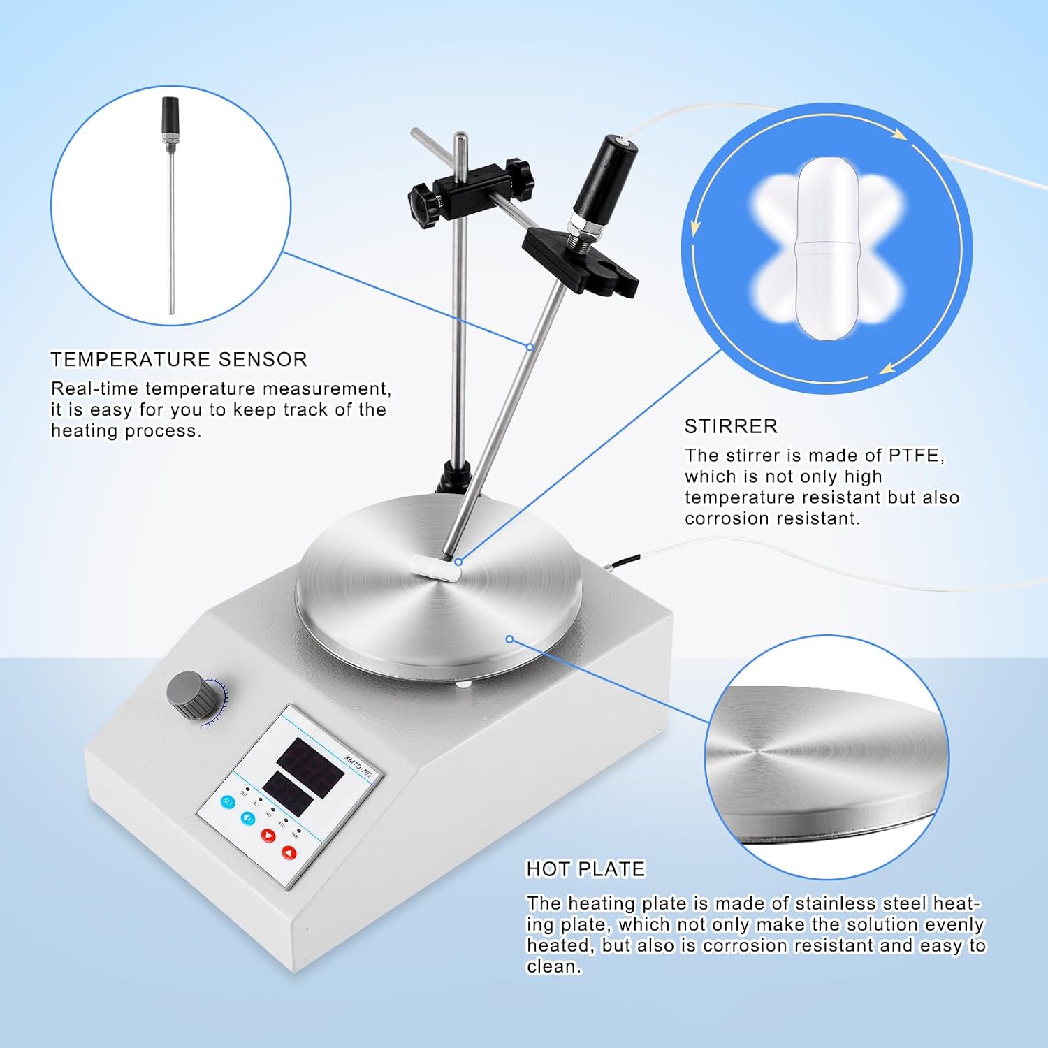 Magnetic Stirrer Hot Plate 5.9" Stir Chamber, 2400RPM & 482℉ Max Temp, Magnetic Mixer with Stir Bar, Temp Probe Sensor & Stand​