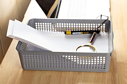 Vista 14 de Bandejas de almacenamiento de papel de plástico de tamaño A4, cestas organizadoras de archivos de escritorio, paquetes de 6 unidades (blanco)