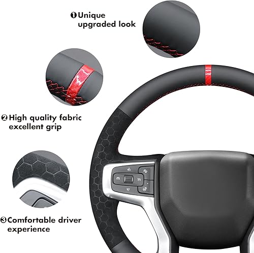 Vista 42 de MEWANT Funda de volante para Chevy Silverado 1500 / Silverado 2500/3500/Blazer/Suburban/Tahoe - Cuero negro