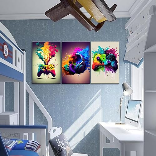 Miniatura 7 de Framed 3 Piece Game Room Decorative Wall Art Color Video Game Handle Earphone Graffiti Theme Poster Neon Light Poster Print Picture Children Youth