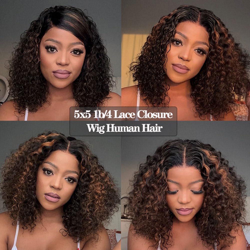 1B/4 Highlight Curly Wig Human Hair Wear and Go Glueless Wig 180% Density 5x5 Closure Wig Pre Plucked Pre Bleached Human Hair Invisible Lace Bob Wig Human Hair Melted Hairline (12inches)