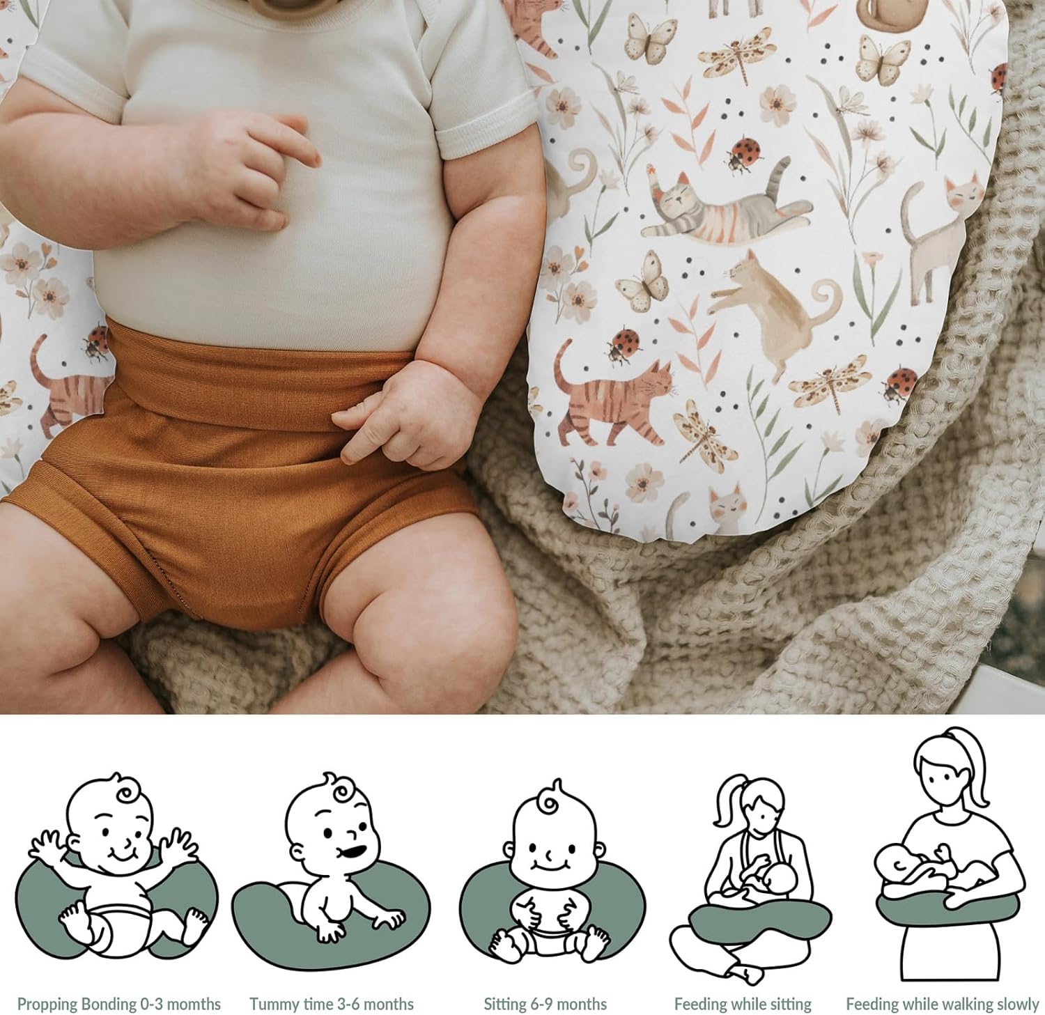 Cute Cat Boho Floral Leaves Baby Nursing Pillow Covers for Boy Girl Kittens Meadow Butterflies Nursery Pillowcase for Breastfeeding Pillows Cats Lover Gift Soft Stretchy Slipcovers for Newborn Infant Boho Cat One size image 6 of 9 B0FC6DHL1W