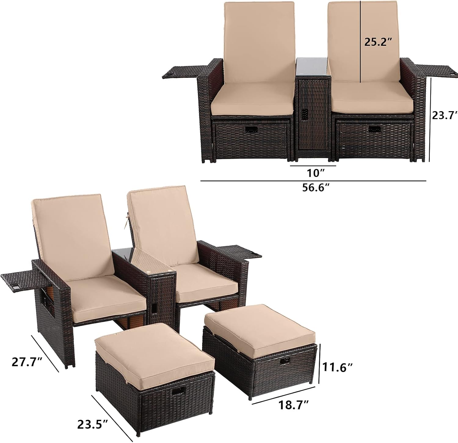Buy 5pcs Outdoor Wicker Chaise Lounge Chair Rattan Adjustable Reclining Patio Lounge Chair With Ottoman And Coffee Table