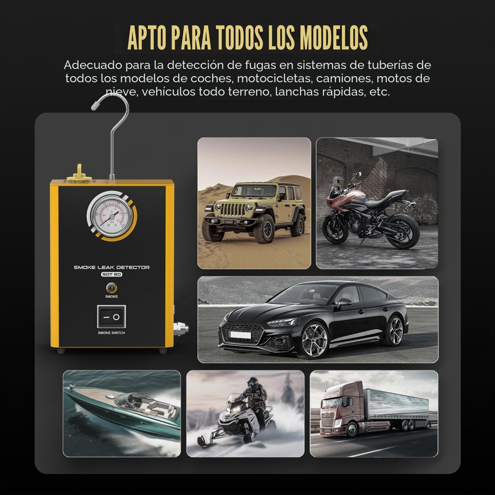 Detector de fugas de humo SDT60, máquina de humo para coche de 12 V con bomba de aire integrada y manómetro, portátil, 1,6 kg, probador de fugas de EVAP, para coches, motos, camiones, sistemas