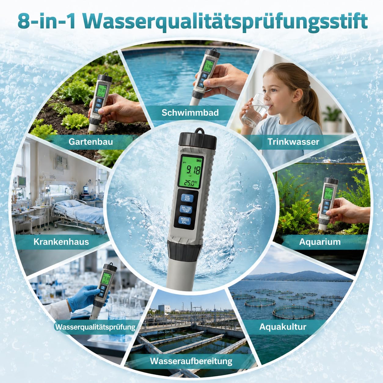 8-in-1 PH Messgerät Wasser, Pool Chlor Messgerät, Digitaler Wasserqualität Tester für pH, TDS, EC, Salzgehalt, S.G., Chlor, ORP und Temperatur, für Schwimmbad, Aquarium, Whirlpool, Trinkwasser