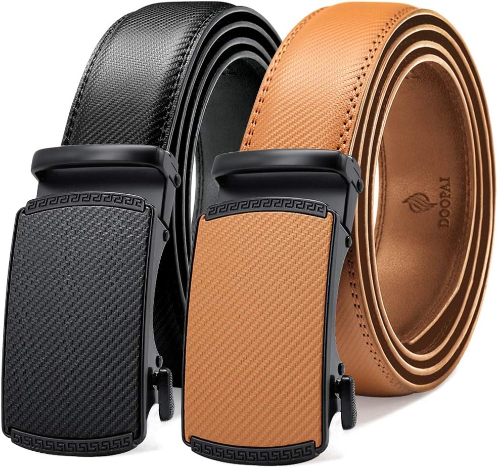 DOOPAI Men's 2 Pack Ratchet Dress Belt - Adjustable 1 3/8" Genuine Leather, Size Length Can Be Cut, With Gift Box