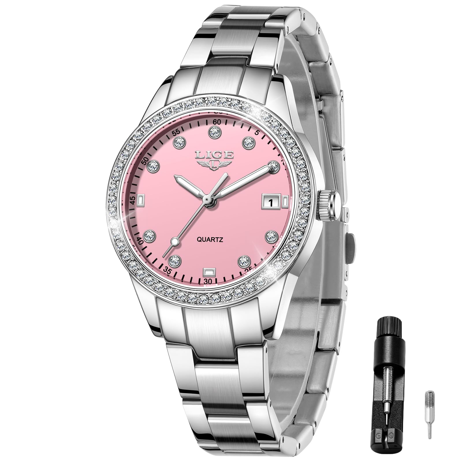 LIGE Reloj Mujer Cuarzo Analógico Lujo Elegante Bisel Cristales Strass 34mm | Pulsera Metálica Plata Agujas Luminosas Visualización Fecha Cristal Antiarañazos Resistente Agua 3ATM Regalo para Mujer