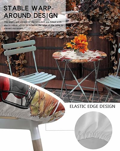 Miniatura 5 de Mantel ajustado con casco de rugby de otoño, Acción de Gracias, con diseño de calabaza, para mesa redonda, hojas de arce de otoño con borde