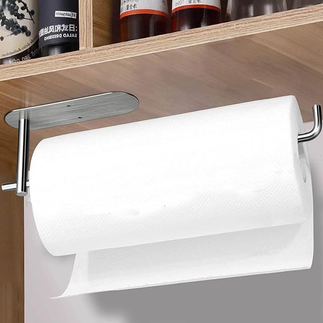 Kitchen Roll Holder under Cabinet, Adhesive Toilet Roll Holder Wall Mounted Toilet Paper Holder for Bathroom, Kitchen Paper Towel Holder Adhesive/Drill, Stainless Steel Stick on Kitchen Roll Holder
