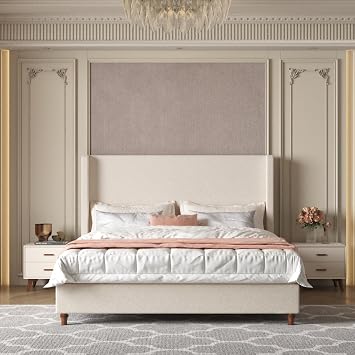 Queen Upholstered Bed Frame, Queen Size Upholstered Platform Bed Frame with 54" Tall Headboard in Ivory Boucle - No Box Spring Needed,Metal Frame with Wooden Slats, Walnut Solid Wood Feet