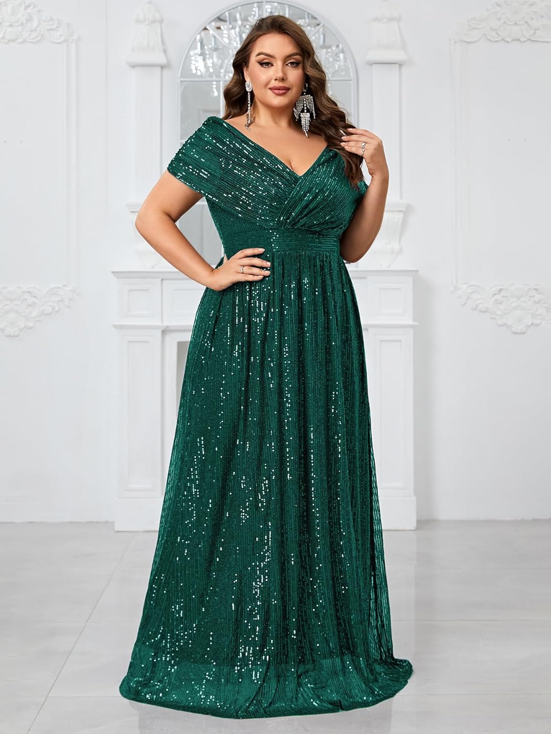 Giffniseti Women's Plus Size V Neck Sequin Formal Maxi Dress A-Line Prom Evening Party Gowns - Image 3