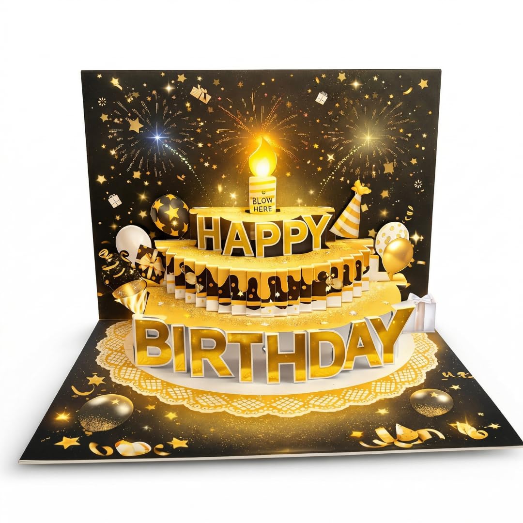 3D Pop Up Musical Birthday Card with Lights Sound and Blow Out Candle - Giant Interactive Birthday Card with Happy Birthday Song Fireworks Effect for Men Women and Children