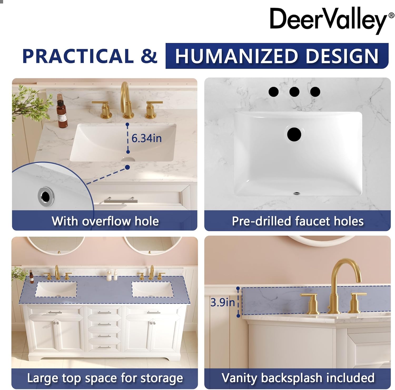DeerValley 72'' Bathroom Vanity with Double Sink Top, Pre-Assembled Modern Wood Bathroom Cabinet Sink Combo with Backsplash, Soft Closing Doors, Multifunctional Storage Space Vanity (White)