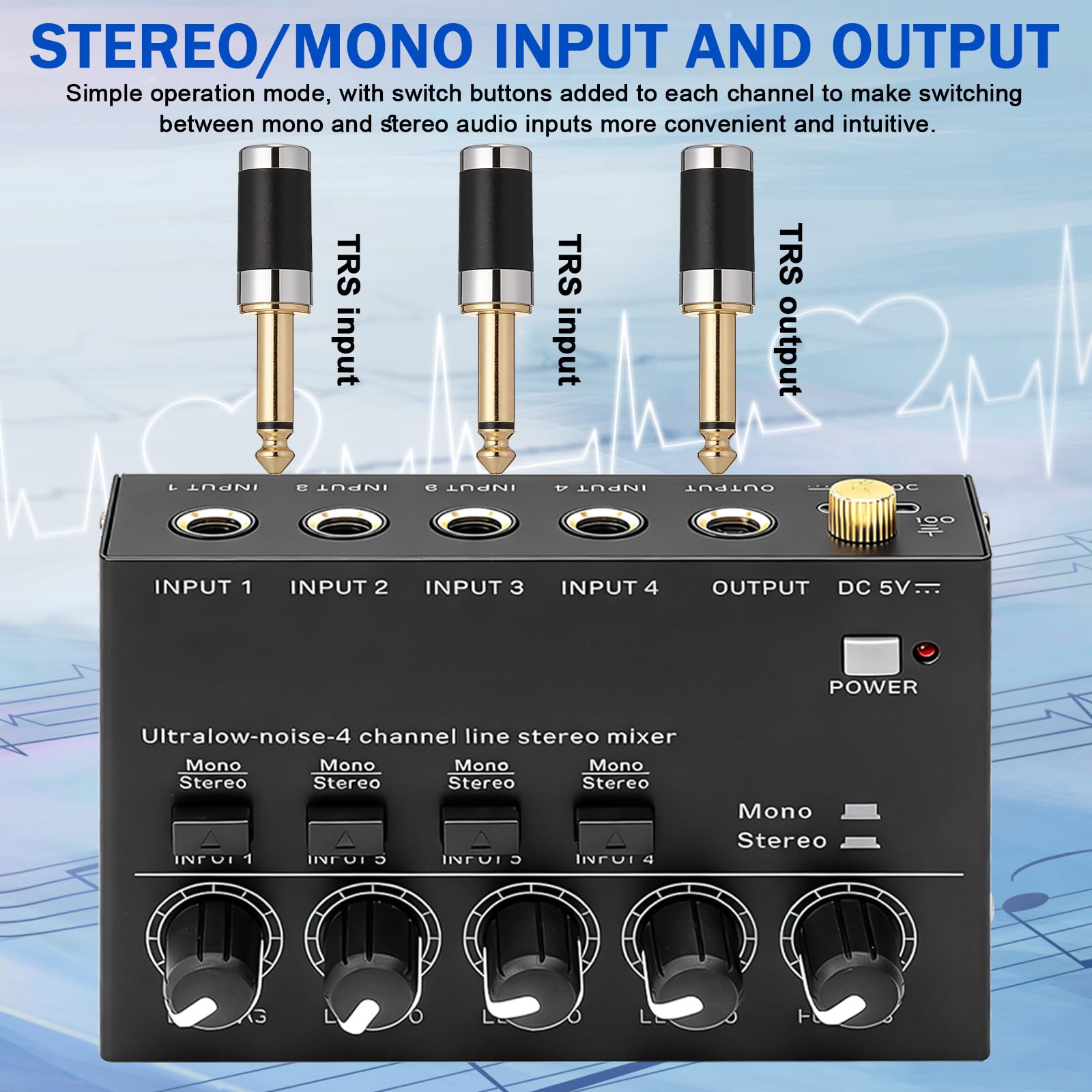 Mixer Audio a 4 Canali, Mixer Audio Stereo, Mixer Attivo Con Cavo Audio da 6,35 mm e Adattatore da 3,5 mm a 6,35 mm, Mixer Audio Stereo a 4 Canali Con 4 Ingressi e 1 Uscita per Microfoni, Chitarre