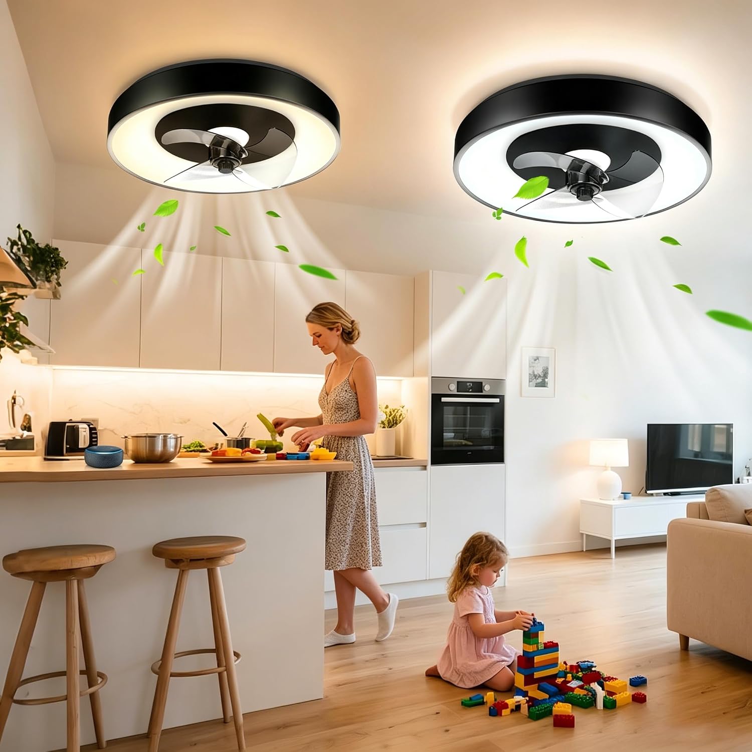 Aigostar Ventilatore da Soffitto con Luce Alexa, 40W, 4400LM, 2700K-6500K Dimmerabile, 6 Velocità, φ50CM - Plafoniere con Ventilatore Smart con Telecomando e Gateway, per Camera da Letto, 2 Unità