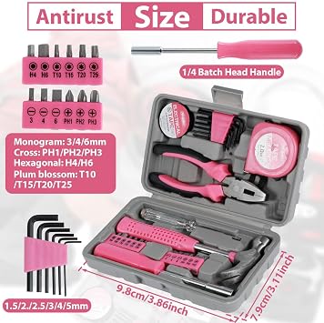 24 Pcs Home Repair Tool Kit General Household Hand Toolbox Set with Storage Case DIY Tools Hammer and Allen Key Set with Electrical Tape Screwdriver Test Pen Plier Bits for Men Women & Beginner