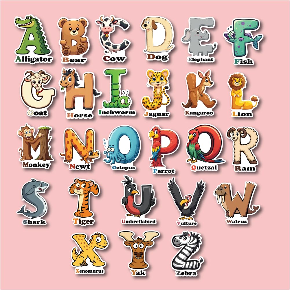 Photo 1 of 26pcs Animal Alphabet Vinyl Stickers – A to Z Letter Decals Educational Waterproof Stickers for Learning, Classroom, Scrapbook, Water Bottles and Planner Decoration