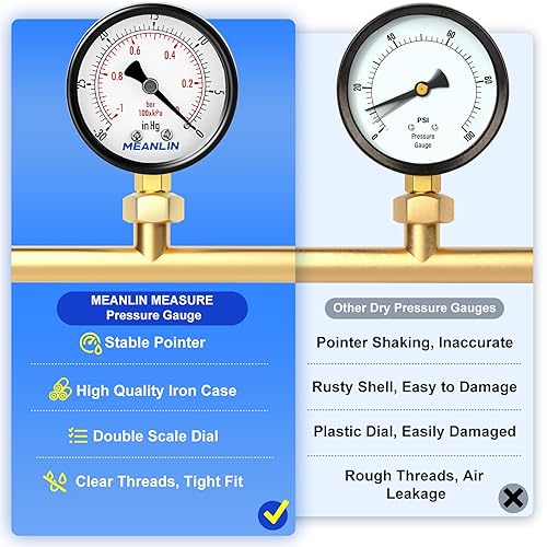 Miniatura 5 de MEANLIN MEASURE -30inHG  0Psi Medidor de presión de vacío seco, cara de dial de 2 "14" NPT WOG prueba de presión de aire de aceite de agua, montaje