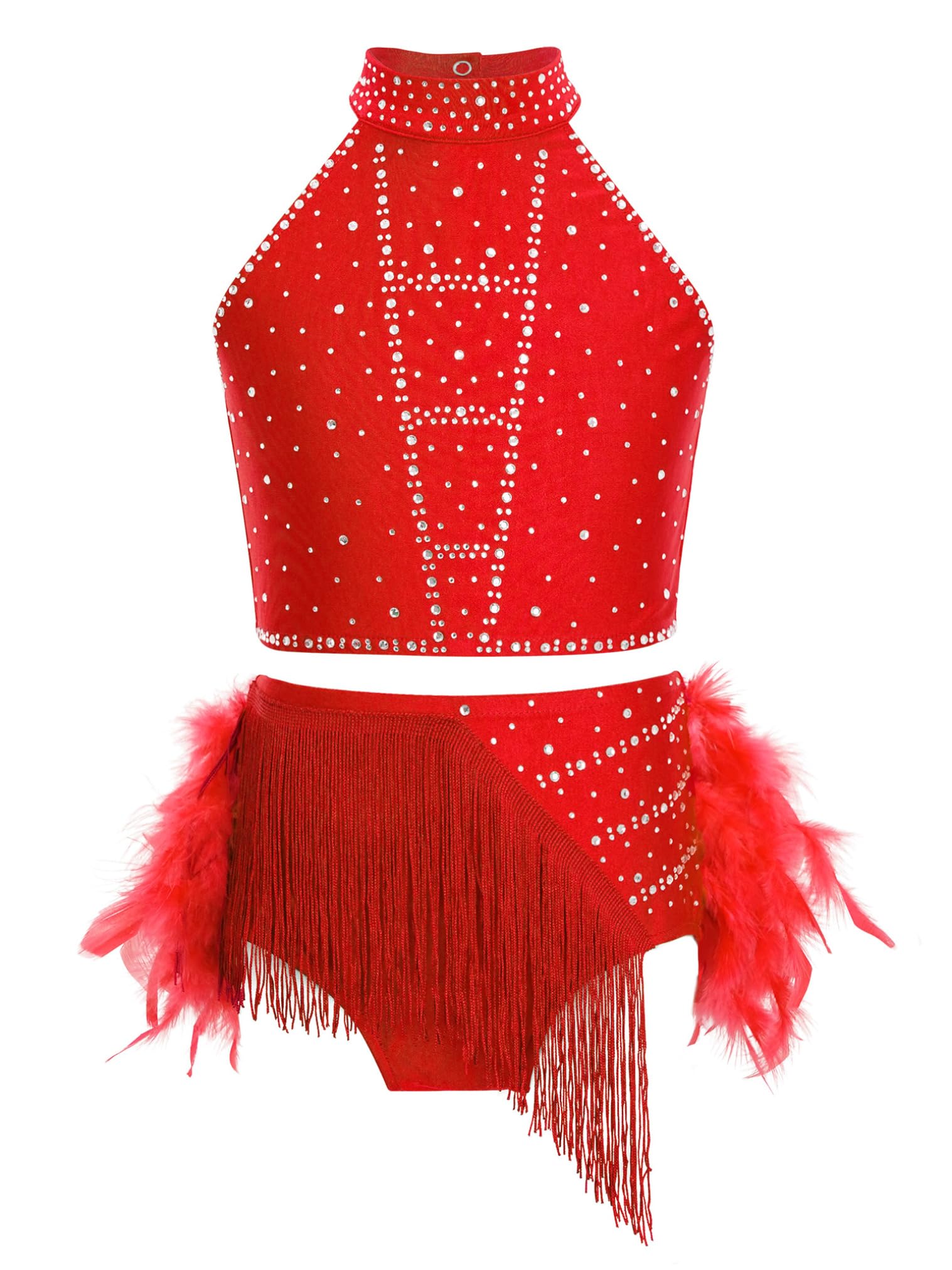 renvena Vestito da Ballo Latino Americano Bambina Strass Crop Top Danza Classica Moterna Canotta e Gonna con Piume Abito da Ballo Lirico Contemporaneo