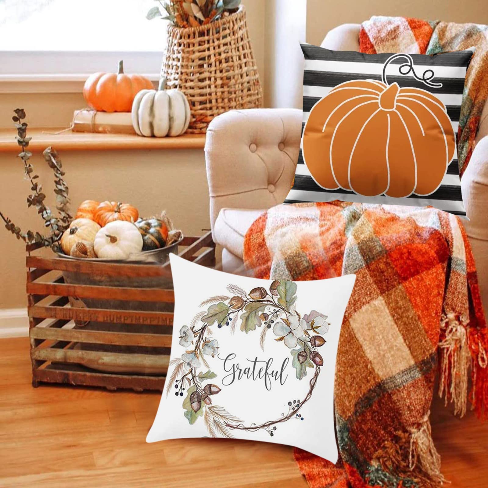 Set 4 Federe Per Cuscino Autunnali 45x45 Cm: In Cotone E Lino, Con Motivo Zucca, Camion E Fiori, Per Decorazione Divano E Ringraziamento, Chiusura A Cerniera