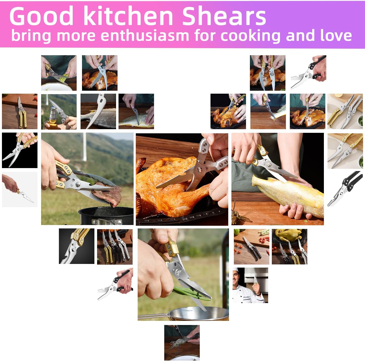 Heavy Duty Kitchen Shears Poultry Scissors Professional for Meat, Chicken, Bone,Turkey, Fish, Separable Design,Spring Loaded, Dishwasher Safe (SILVER)