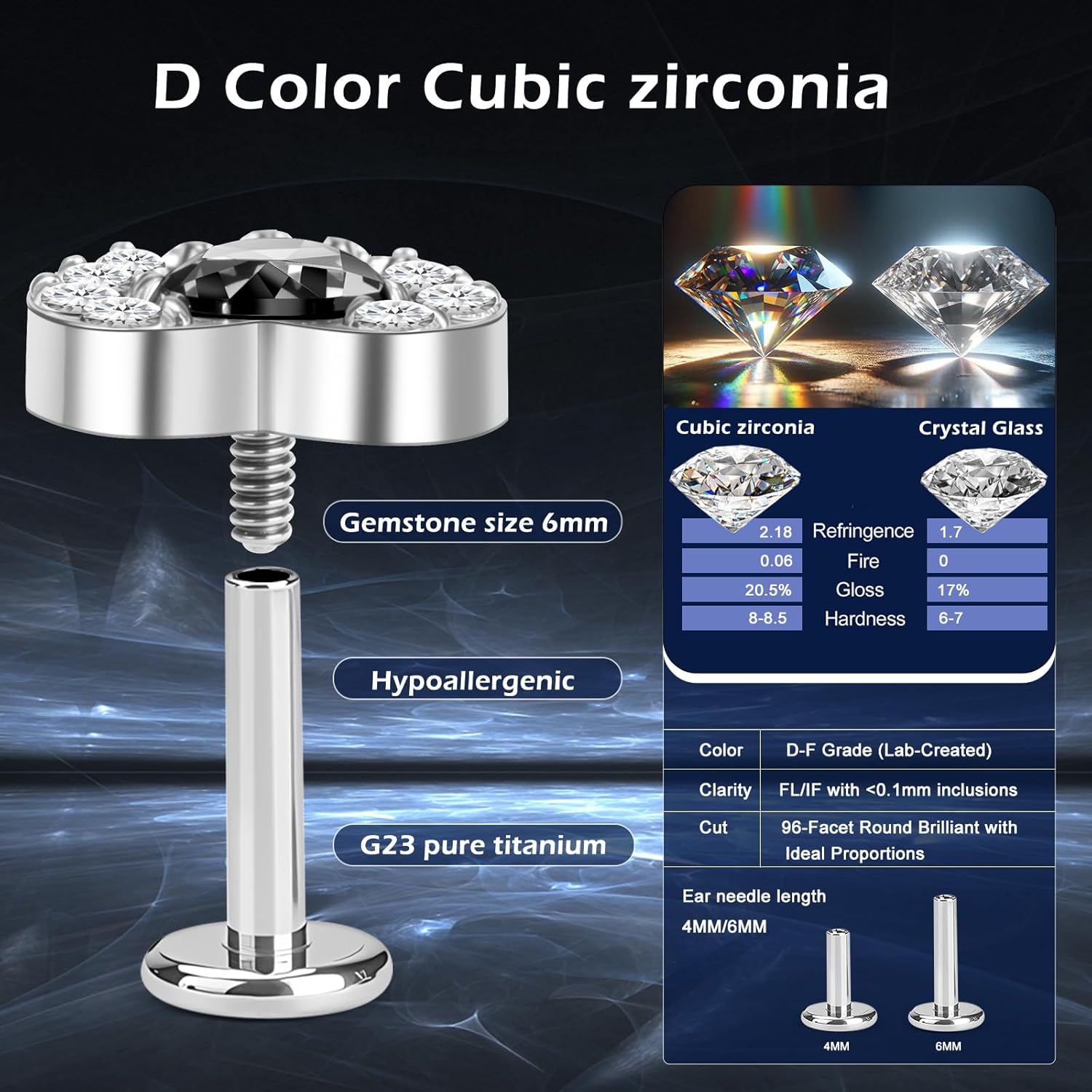 Heart Cubic Zirconia Titanium Alloy Stud Earrings for Women, Hypoallergenic Flat Back Cartilage Piercing Jewelry, 4mm 6mm Post, Helix Tragus Piercing - Image 5