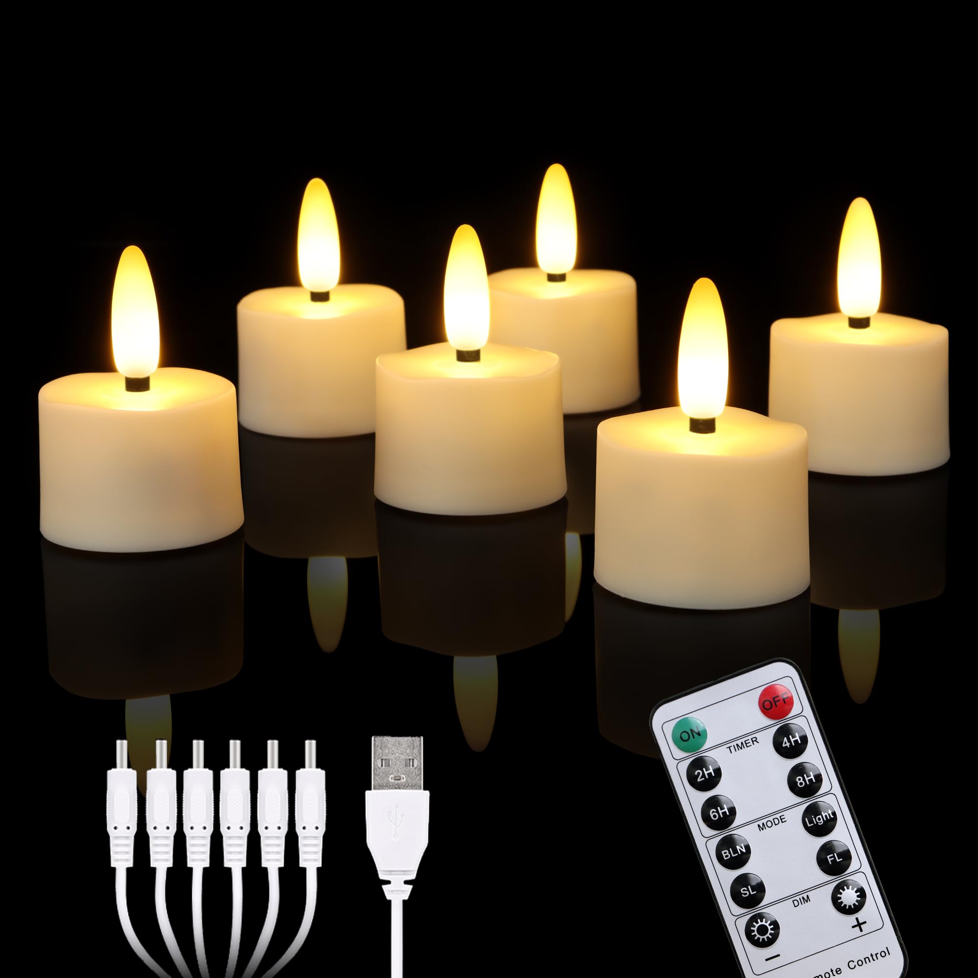 Cibnew Aufladbare Halloween LED Teelichter mit Timer Fernbedienung Flackern USB-Kabel Elektrische Wiederaufladbare Kerzen,Dimmbar Weihnachten Party Deko (6 Stück Beige)