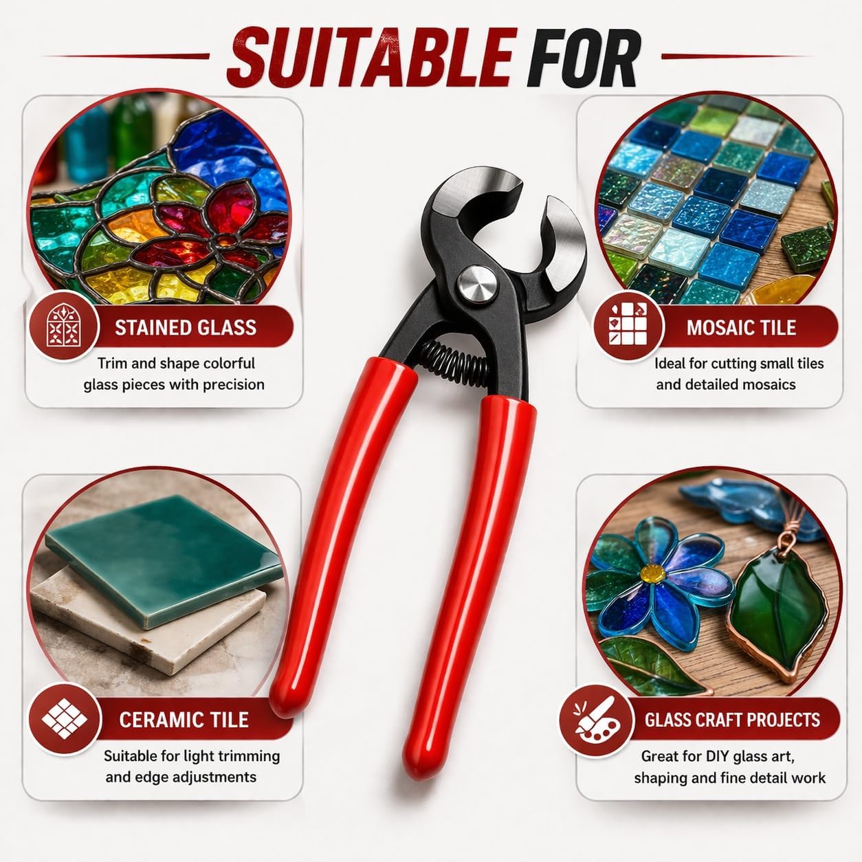 8 Inch Heavy Duty Tile Nipper for Stained Glass and Mosaic, Red Handle Cutting Pliers for Shaping Ceramic, Craft Tool for DIY Art Projects (1pc)