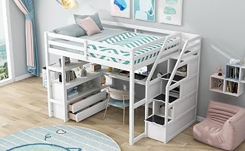 Spe-Saving Full Size Loft Bed with Desk, Shelves, Drawers, and Storage Stairs in Elegant Finish