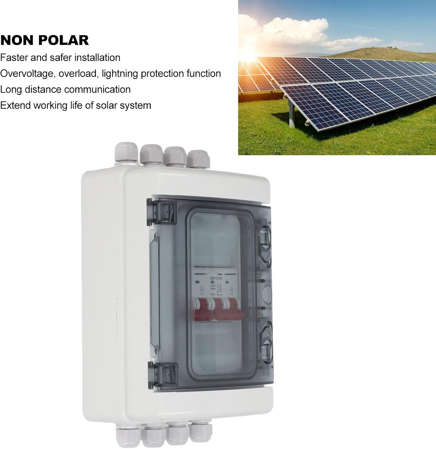 2 in 2 Out DC Miniature Circuit Breaker 500V 63A with Junction Box PV Solar Disconnect Switch Power Distribution IP65 Battery Breaker Protector