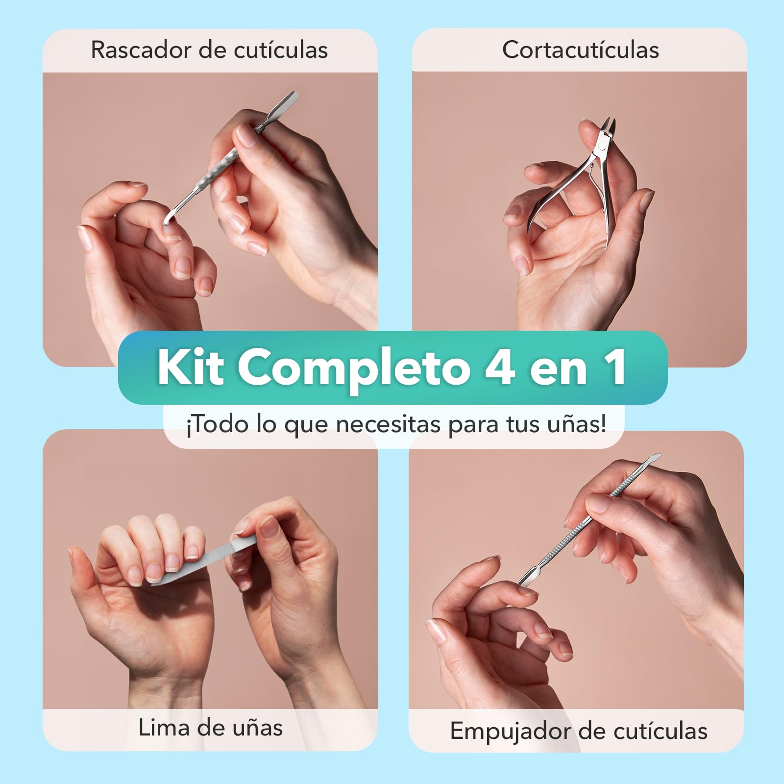 Set Manicura y Pedicura Profesional 4 en 1 – Cortacutículas, Lima de Uñas y 2 Empujadores de Cutículas de Acero Inoxidable – Kit Corta Uñas Adulto, Removedor de Cutículas, Ideal para Viaje
