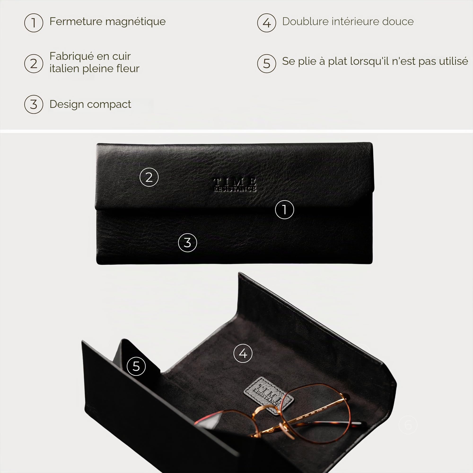 Time Resistance Étui à Lunettes en Cuir – Étui Rigide en Cuir pour Lunettes – Étui à Lunettes de Soleil avec Fermeture Magnétique – Fait Main en Italie