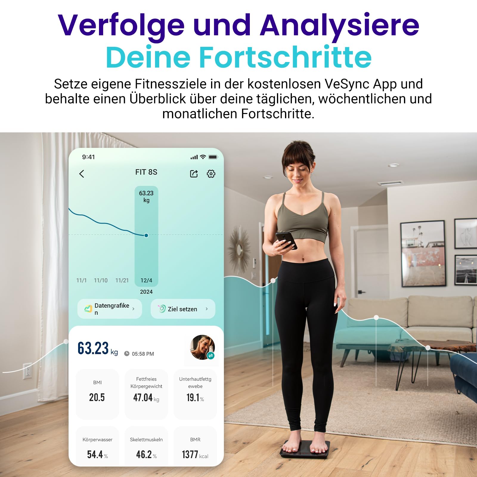 Etekcity Waage Personen - Personenwaage digital mit Körperfett und Muskelmasse - 180kg Körperfettwaage - Fitness Scale - 13 Körperwerte - Körperfett/BMI/Muskelmasse/Protein/BMR - Schwarz