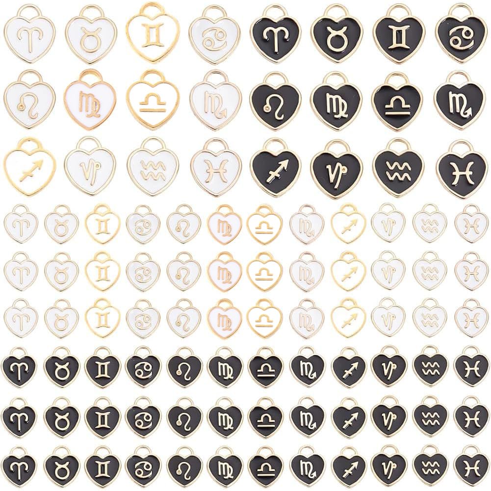 PH PandaHall 12 Constellation Heart Charms, 96pcs Zodiac Sign Enamel Pendants Double Sided Birthday Sign Lucky Charm Astrology Horoscope Pendant for DIY Bracelet Necklace Earring Making (Black White)
