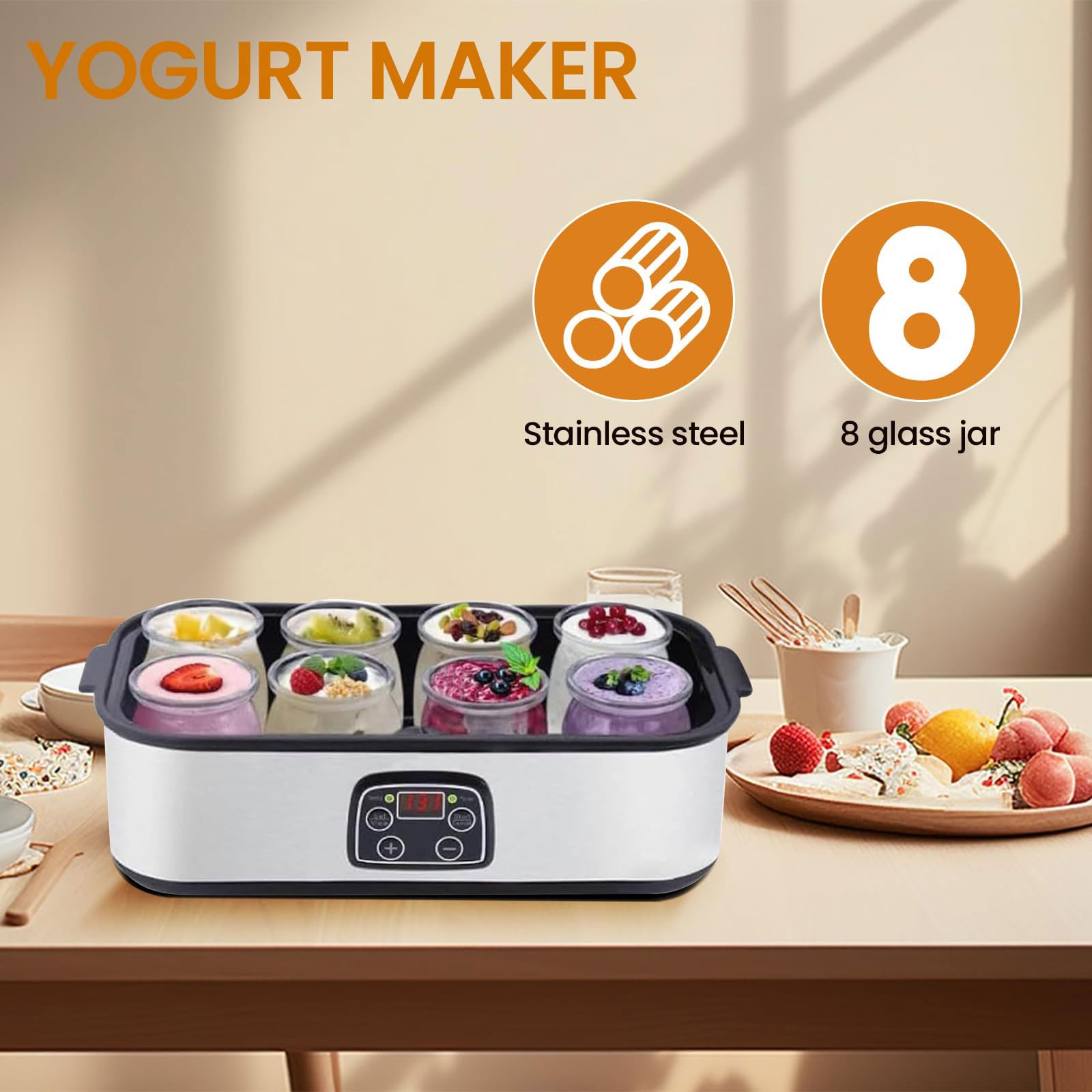 Yaourtière numérique avec écran LCD, capacité de 1400 ml, comprend 8 bocaux en verre pour yaourt et desserts faits maison