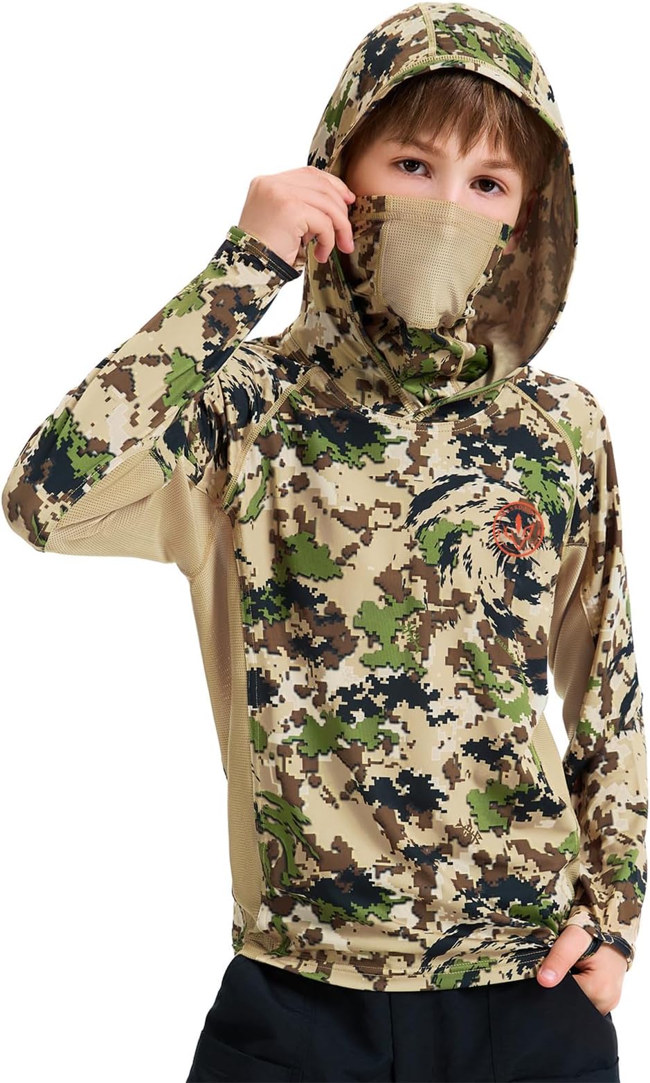 Youth UPF 50+ Camo Hunting Hoodie Shirt with Neck Gaiter Quick Dry Long Sleeve Hooded Tee for Fishing Hiking FS02Y