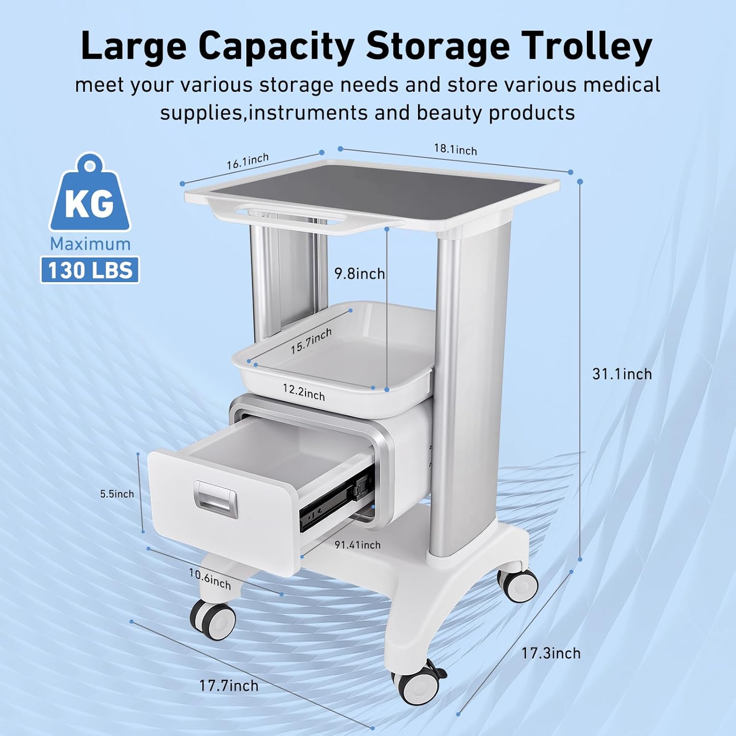 Portable Professional Medical Trolley Cart Load 130 Lbs with Drawers and Silent Wheels for Beauty SPA Home Hospital Office Medical Clinic