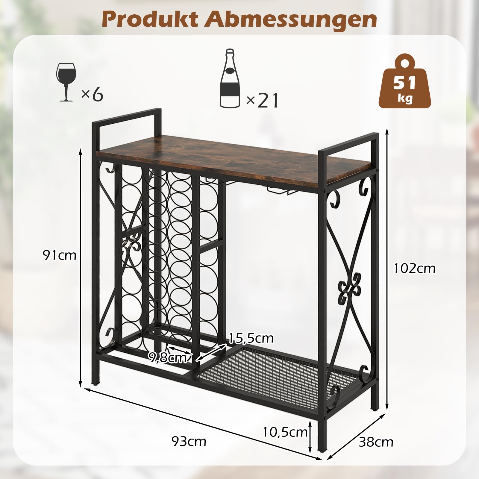 GOPLUS Weinregal für 21 Flaschen, Flaschenregal mit Weinglashalter für 6 Gläser & Gitterregal, freistehender Flaschenständer, Weinflaschenhalter Weinflaschenständer für Esszimmer, Keller (Schwarz)