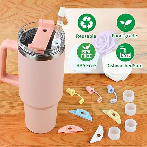 Miniatura 5 de Juego de 12 tapones de silicona para vasos Stanley, compatible con vaso Stanley de 40 onzas y 30 onzas con asa, paquete de 4 tapones para fugas con