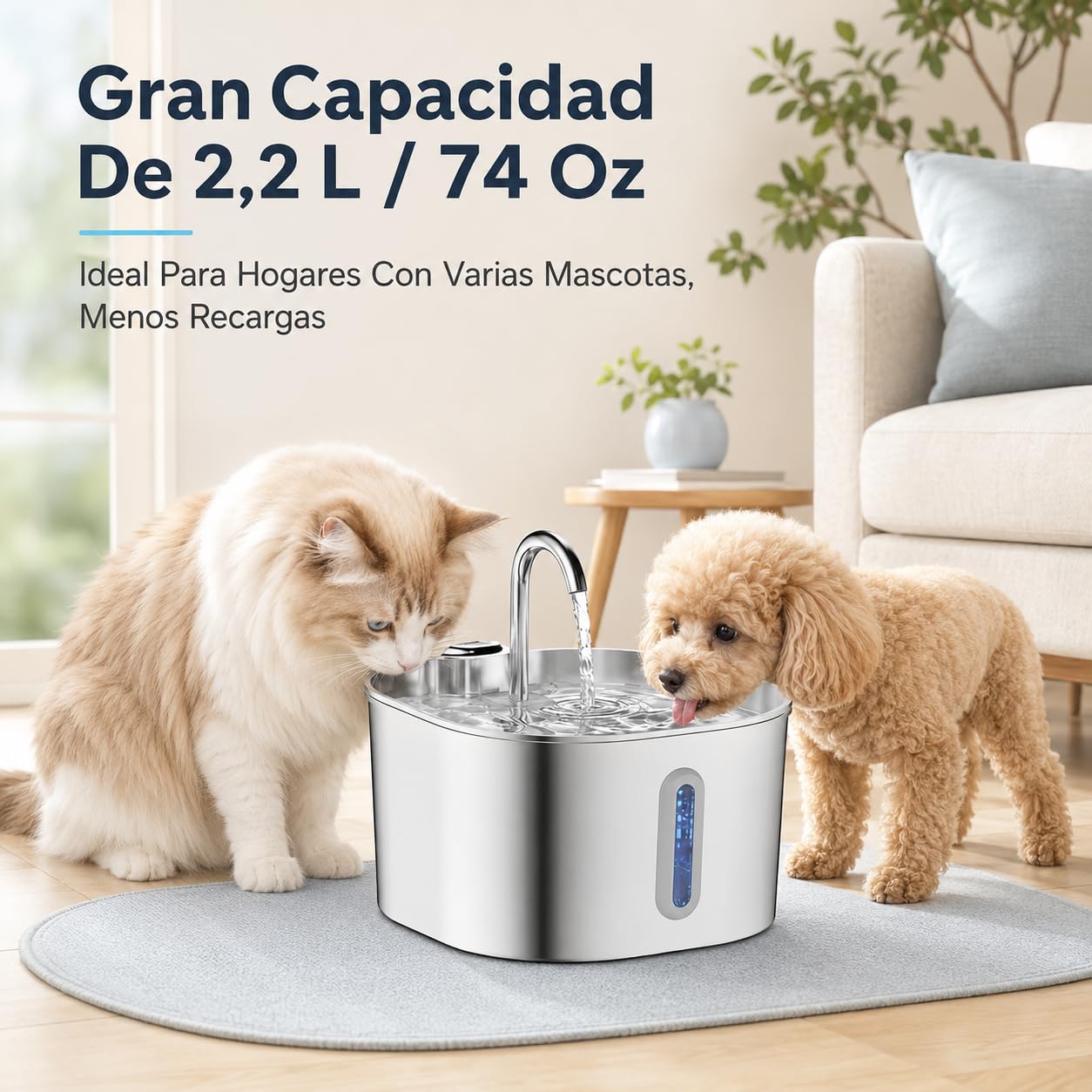 Cat Vitalis Fuente Gatos Acero Inoxidable - Fuente para Gatos de Acero Inoxidable 2,2 L con Filtro y Bomba Silenciosa para Agua Fresca (1 Artículo)