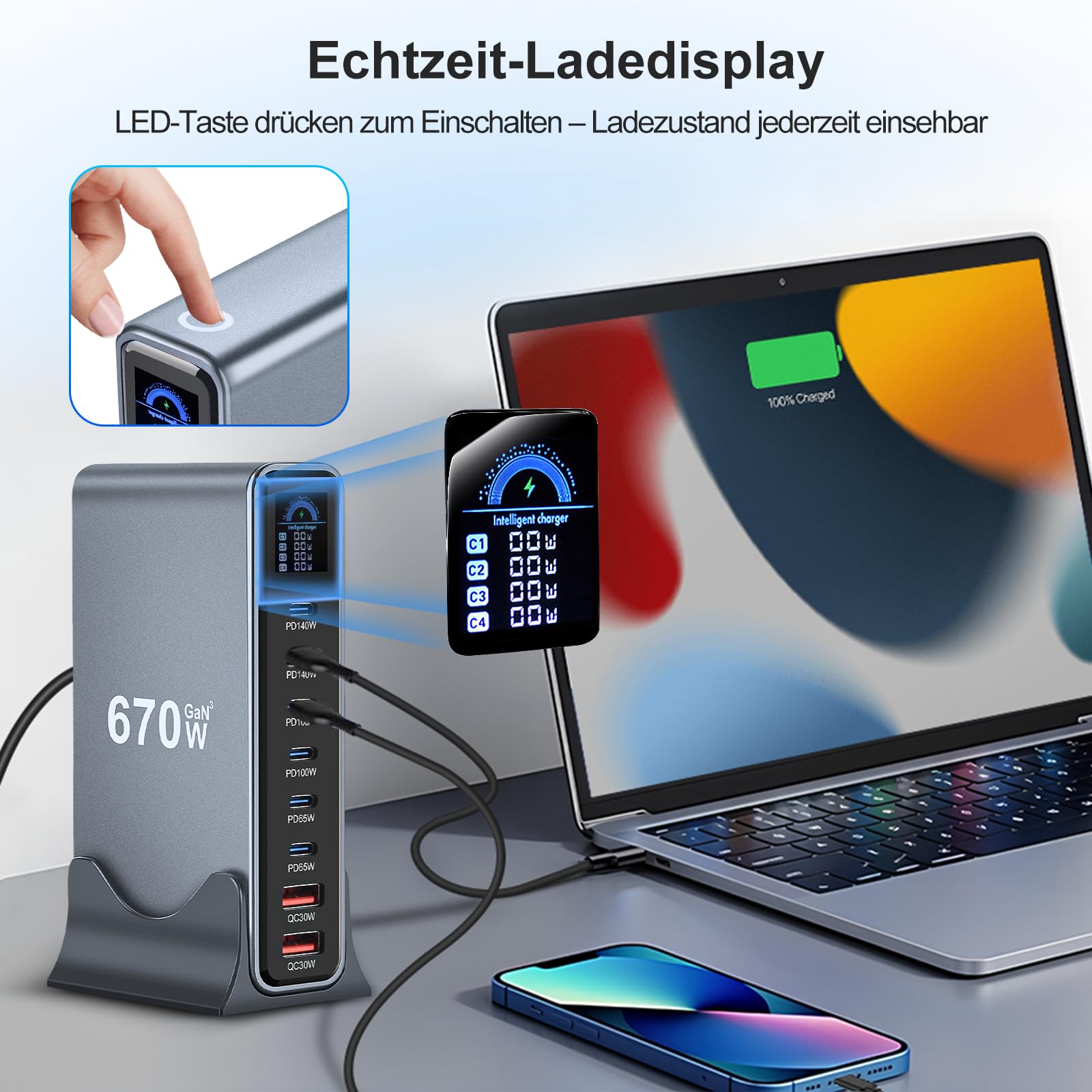 670W USB C Ladegerät, 8 Port Laptop Ladegerät Mehrfach(6C+2A), LCD Display GaN Schnellladegerät Netzteil, 140W PD Charger Kompatibel mit MacBook Pro/Air, iPhone 17/16/15, Galaxy S25 usw (670W)