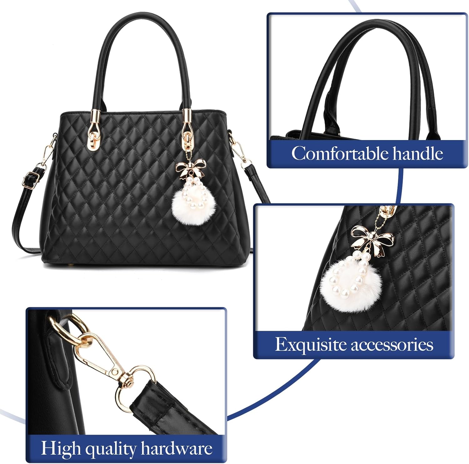 I IHAYNER Womens Leather Handbags Purses Top-handle Totes Satchel Shoulder Bag for Ladies with Pompon - Image 3