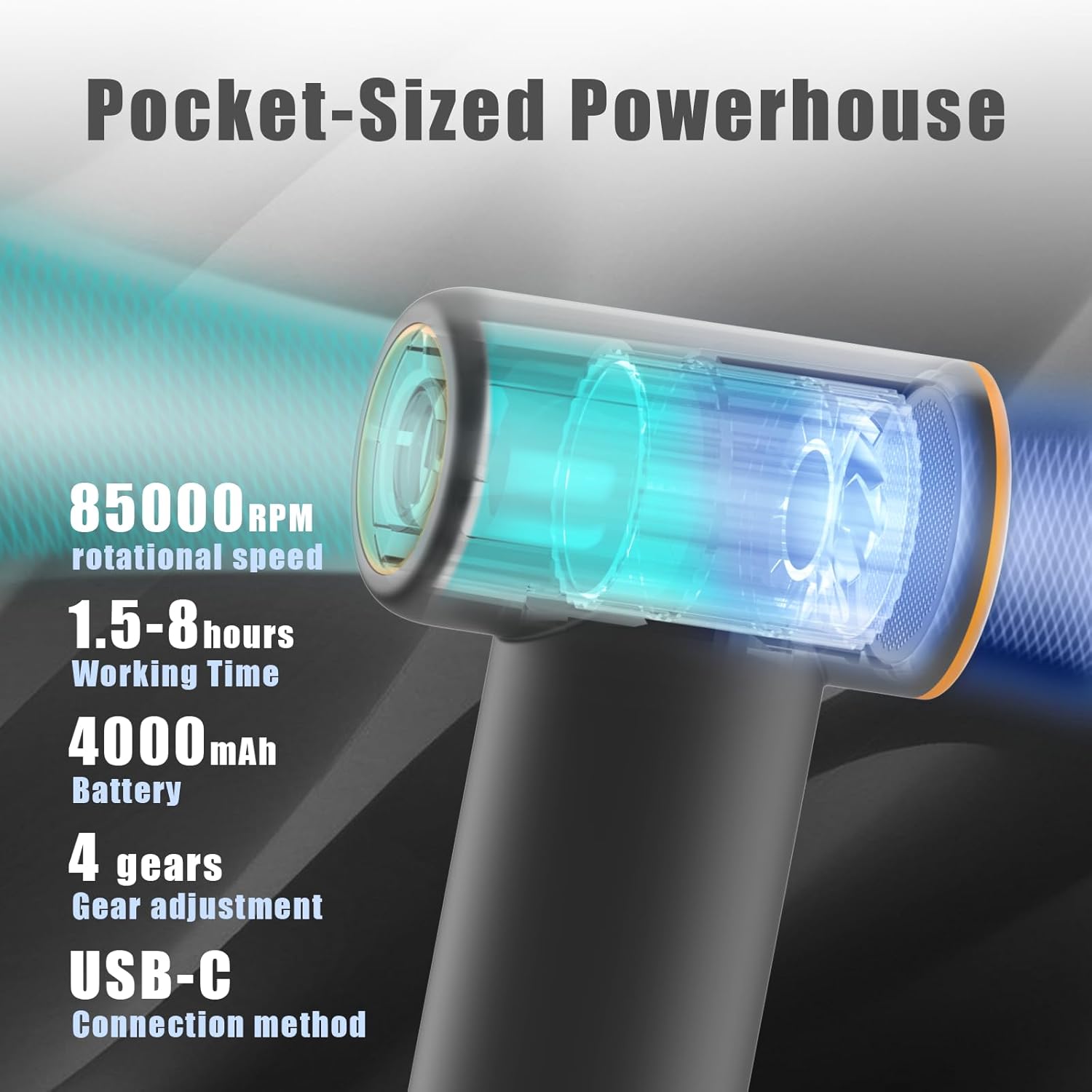 Handheld Portable Turbo Fan, 85000RPM Super High-speed Fan with 4-speed, 4000mAh, USB-C Rechargeable Personal Battery Operated, Mini Small Pocket Design for Travel/Outdoor/Vacation/Concert/Gift, Grey - Image 4