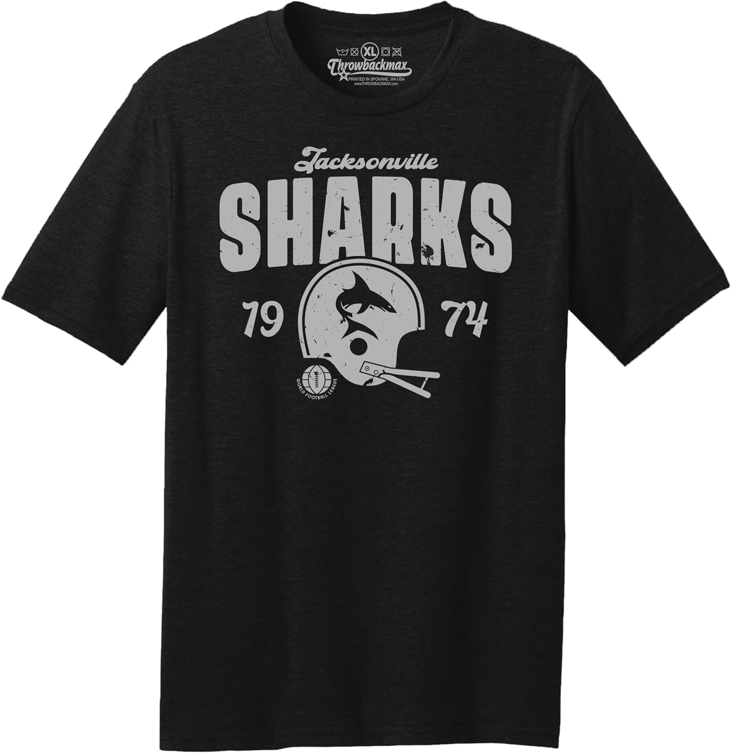 Jacksonville Sharks WFL 1974 Football Classic Cut, Short Sleeve Black Heather Tee Shirt