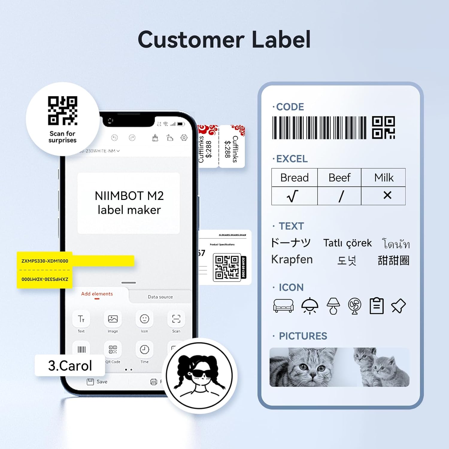 Examples of custom labels created with NIIMBOT app, including QR codes, barcodes, text, and images.
