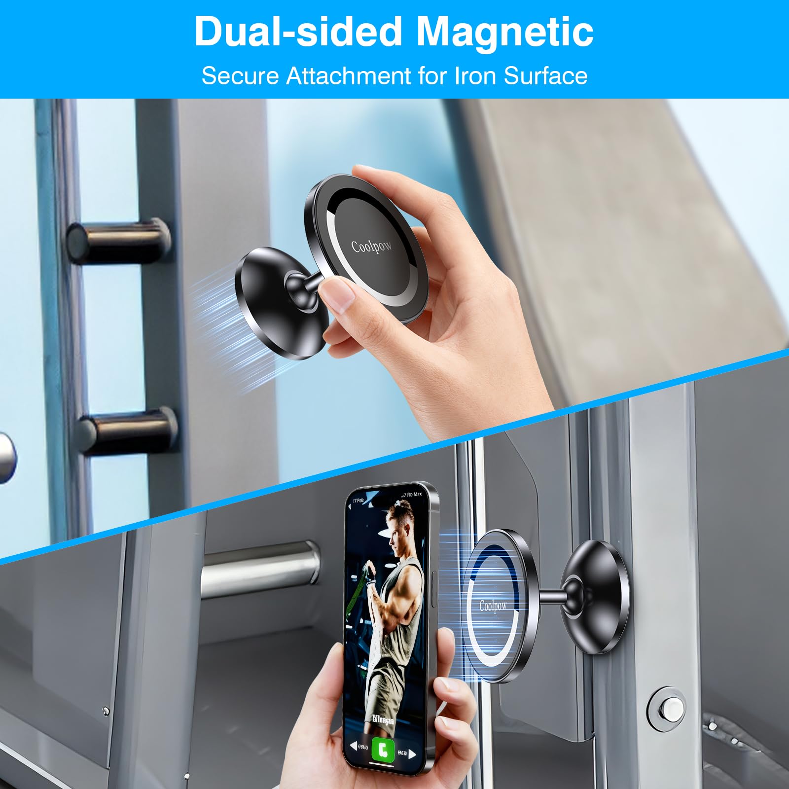 Soporte magnético para teléfono MagSafe, todo de metal: soporte magnético dual para teléfono para registro de gimnasio que se fija a la superficie de metal, soporte de teléfono de gimnasio para iPhone